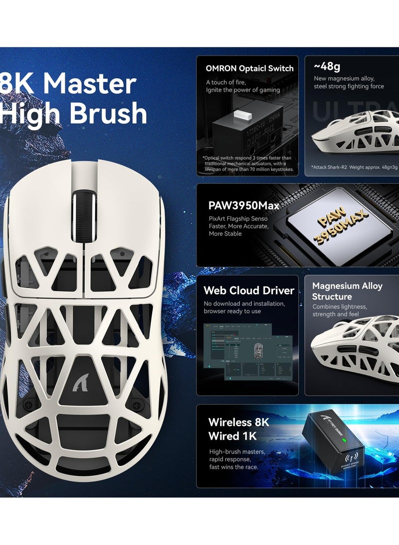 R2 Wireless Gaming Mouse, Superlight Magnesium Alloy, PAW3950 42000 DPI Optical Sensor, 8000Hz Polling Rate, 2.4G/BT/Wired Programmable Mice for Win Mac Gamer