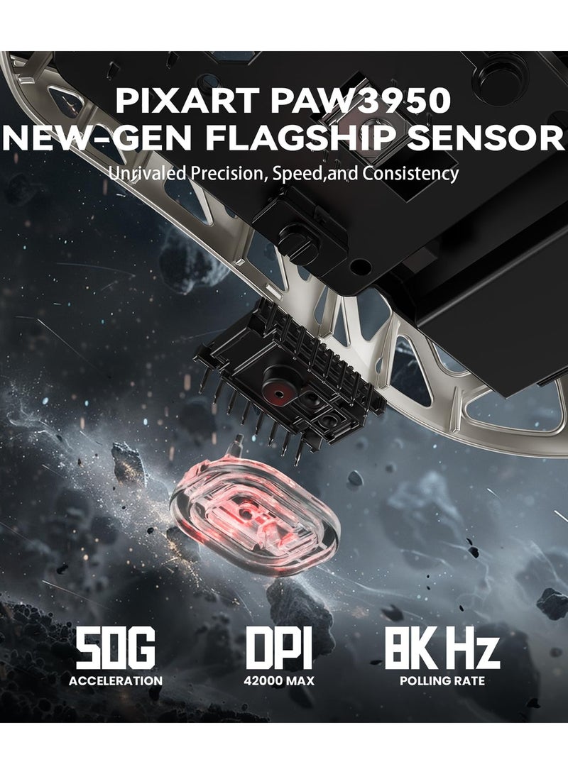 R2 Wireless Gaming Mouse, Superlight Magnesium Alloy, PAW3950 42000 DPI Optical Sensor, 8000Hz Polling Rate, 2.4G/BT/Wired Programmable Mice for Win Mac Gamer