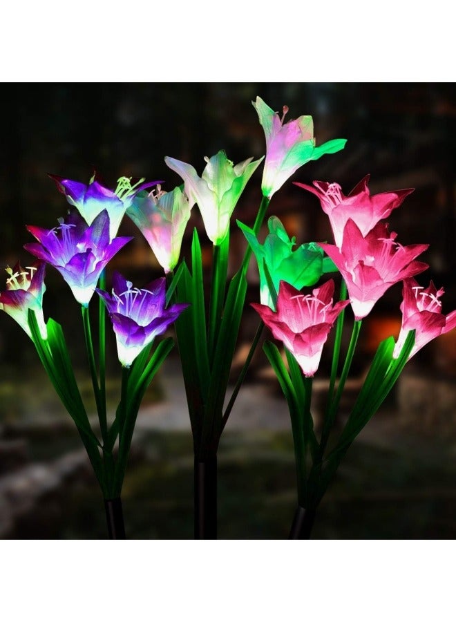GGEROU Outdoor Solar Lights, 3 Pack Solar Garden Lights with 12 Bigger Lily Flowers, Waterproof 7 Color Changing Outdoor Lights  - Image 1
