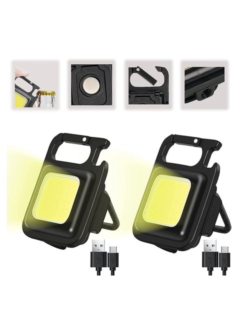 Keychain LED Light with Bottle Opener, Magnetic Base and Folding Bracket Mini COB 1000 Lumens Rechargeable Emergency Light for Camping Cycling (Square with 4 Modes, Aluminum) Pack of 2