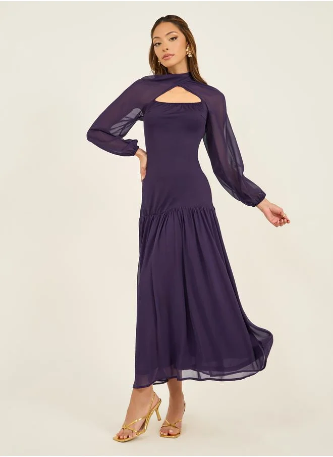 ستايلي Styli Solid Cape Sleeves Ruffled Hem Maxi Dress