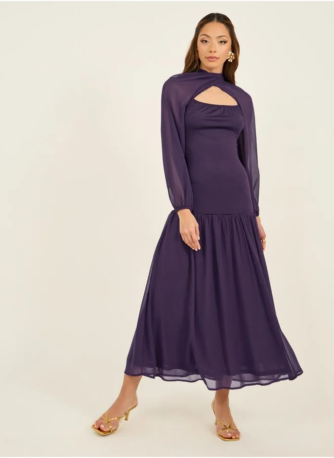 ستايلي Styli Solid Cape Sleeves Ruffled Hem Maxi Dress