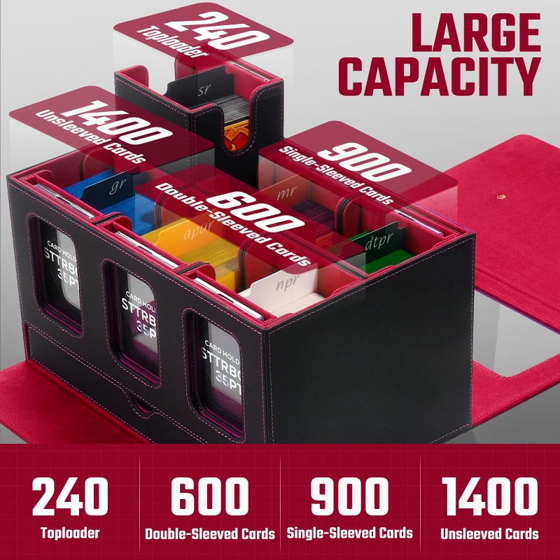 STTRBOX Commander Deck Box for MTG & TCG,Trading Card Storage Box with Handle,7 IN 1 Card Deck Case with display window,6 Magnetic Card Holders,1 sieve tray,6 Card Case,10 colored card.(Black & Red) - Image 4