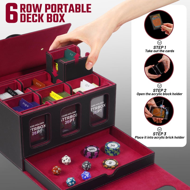 STTRBOX Commander Deck Box for MTG & TCG,Trading Card Storage Box with Handle,7 IN 1 Card Deck Case with display window,6 Magnetic Card Holders,1 sieve tray,6 Card Case,10 colored card.(Black & Red) - Image 5