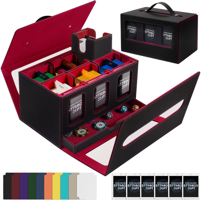 STTRBOX Commander Deck Box for MTG & TCG,Trading Card Storage Box with Handle,7 IN 1 Card Deck Case with display window,6 Magnetic Card Holders,1 sieve tray,6 Card Case,10 colored card.(Black & Red) - Image 1