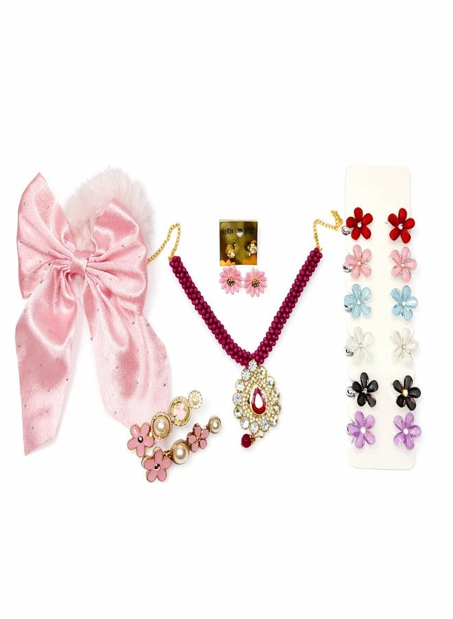 ShinyCharm jewellery sets for Kids | necklace set for girls with Bracelet & Ring | kids jewellery Gift Set for 3–10 Years | Cute Princess Party & Birthday Accessories (Pink Combo) - Image 1