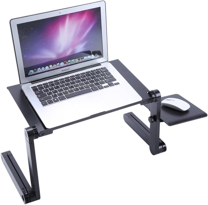 كلاراكو مكتب كمبيوتر محمول قابل للتعديل وحامل كمبيوتر محمول قابل للطي وطاولة كمبيوتر محمولة ودرج سرير ومكتب مريح مع مروحة تبريد ولوحة ماوس للسرير والأريكة في المنزل وغرفة المعيشة وغرفة النوم والمستشفى، باللون الأسود - Image 1