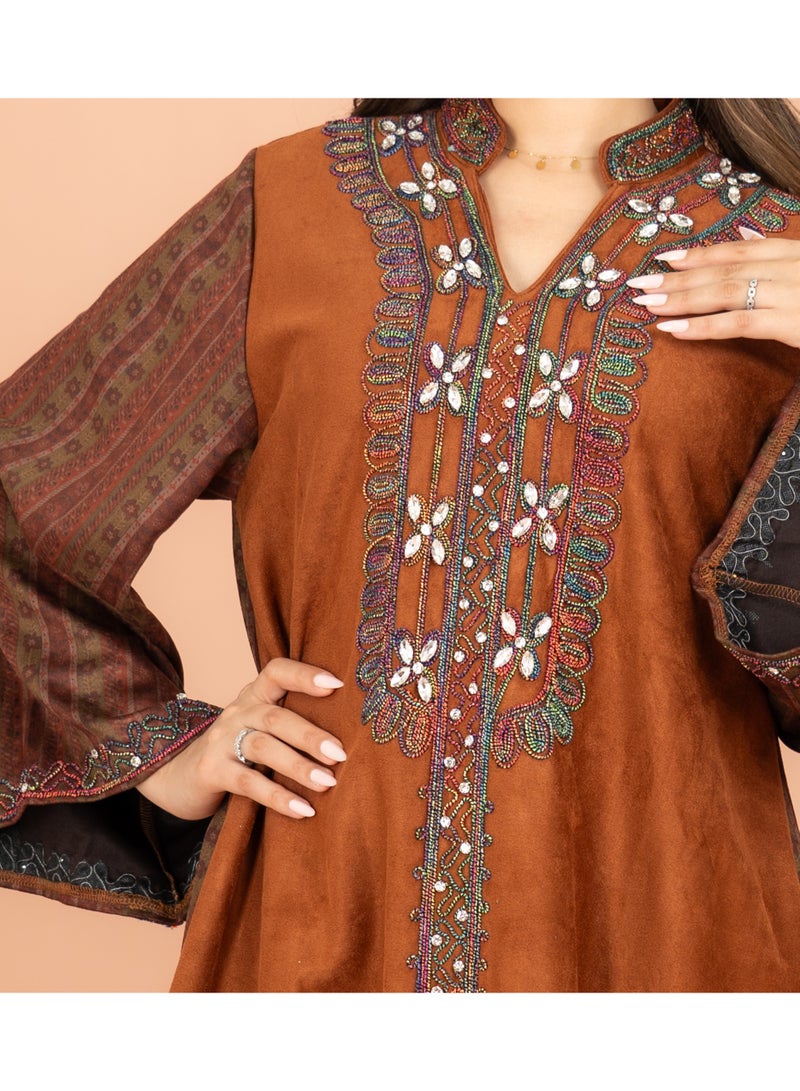 IKKXA Colorful Embroidery Soild Winter Jalabiya IK1069 Orange - Image 2