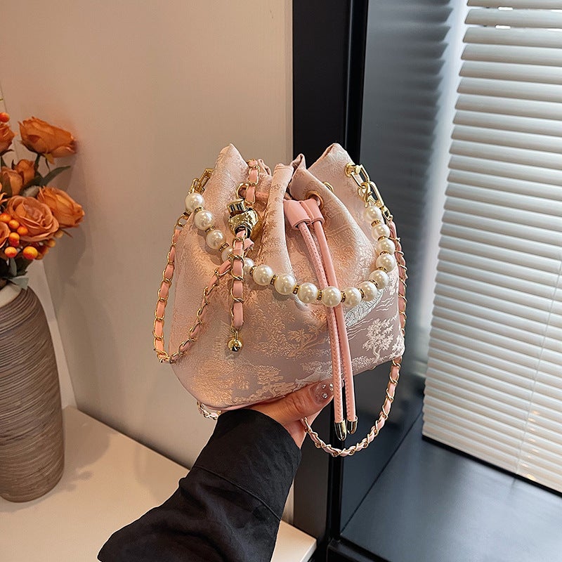 Hand Carrying Pearl Bucket Bag Women'S Style Chinese Style National Style Embroidered Shoulder Bag Niche Simple Crossbody Bag - Image 4