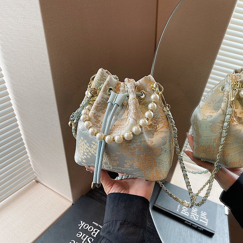 Hand Carrying Pearl Bucket Bag Women'S Style Chinese Style National Style Embroidered Shoulder Bag Niche Simple Crossbody Bag - Image 2