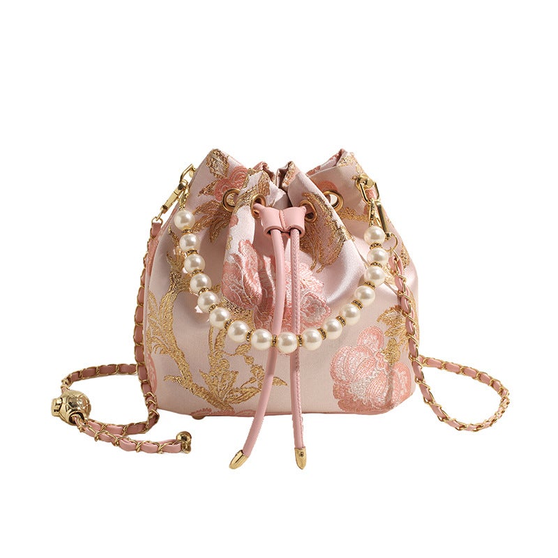 Hand Carrying Pearl Bucket Bag Women'S Style Chinese Style National Style Embroidered Shoulder Bag Niche Simple Crossbody Bag - Image 1