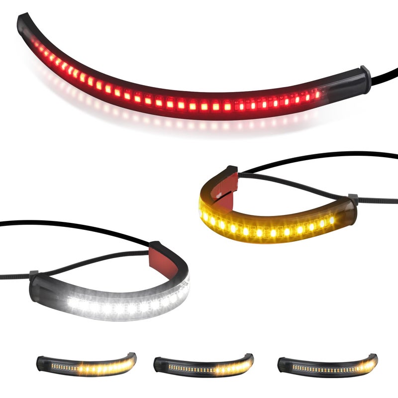 QUASCO Motorcycle Turn Signals + Brake Tail Light Strip, Flexible Universal 12V Led Blinkers Compatible with Harley Cafe Racer Dual Sport Dirt Bike, Pack of 3
