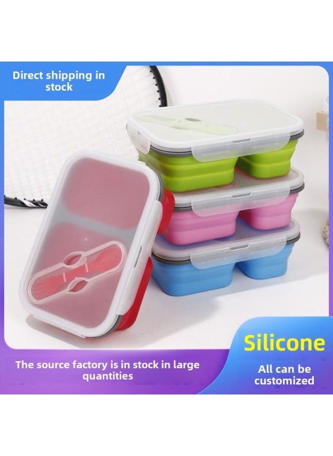 Generic - Creative Double Lattice Silicone Folding Lunch Box Retractable Folding Lunch Box With Fork Picnic Lunch Box Refrigerator Preservation Box-Specifications:Silica Gel Double Cell (600ml +300ml)-Color:Red - Image 1