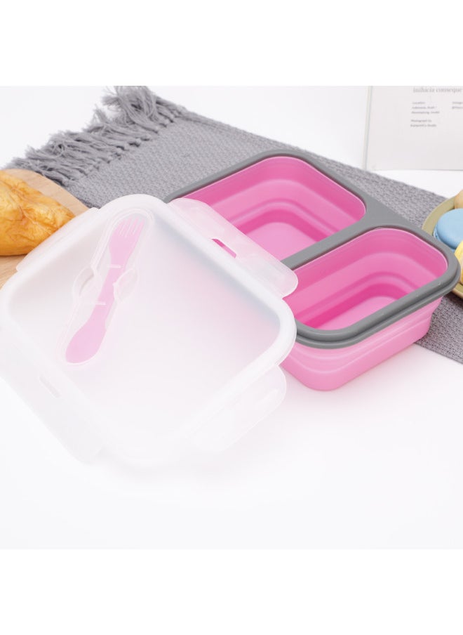 Generic - Creative Double Lattice Silicone Folding Lunch Box Retractable Folding Lunch Box With Fork Picnic Lunch Box Refrigerator Preservation Box-Specifications:Silica Gel Double Cell (600ml +300ml)-Color:Red - Image 1