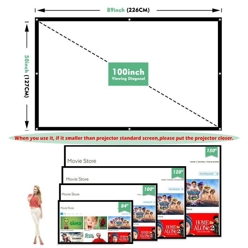 Taotique Projector Screen 100 inch, Taotique 4K Movie Projector Screen 16:9 HD Foldable and Portable Anti-Crease Indoor Outdoor Projection Double Sided Video Projector Screen for Home, Party, Office, Classroom - Image 2