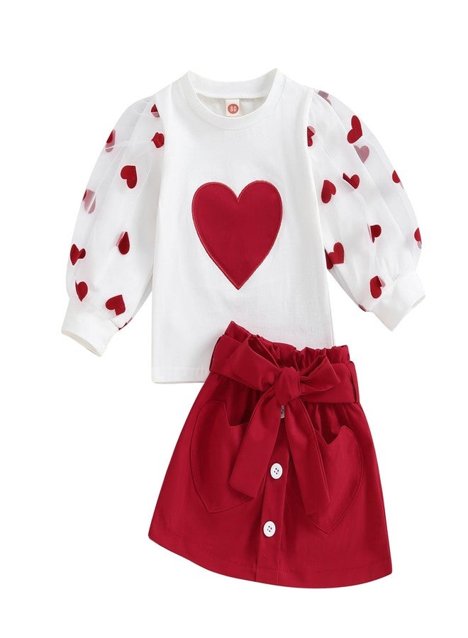 BHMAWSRT Baby Girls Clothes Heart Print Long Sleeve Sweatshirt +Wine Red Skirt Cutest Valentines Outfit (Red, 2-3T) - Image 1