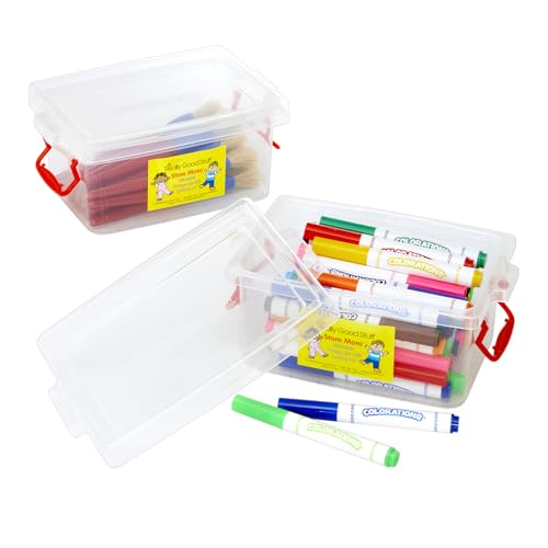 Really Good Stuff Small Clear Plastic Stackable Storage Tubs with Locking Lid – Red Handles Lock Lid in Place – Hold Supplies, Manipulatives and More in Classroom or Home, 8”x4”x5” (Set of 5) - Image 2