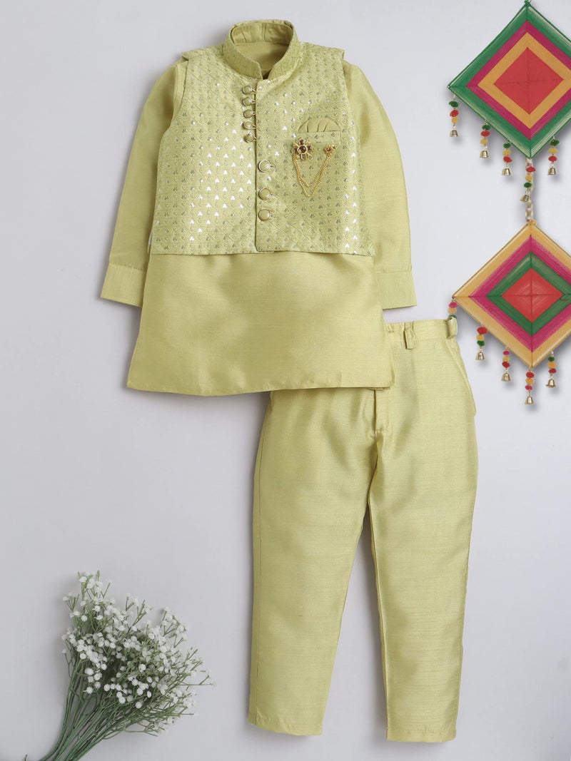 AHHAAAA Kids Ethnic Cotton Silk Blend Nehru Modi Jacket Kurta & Pyjama Set for Boys 8104 (8-9 Years, Green) - Image 2