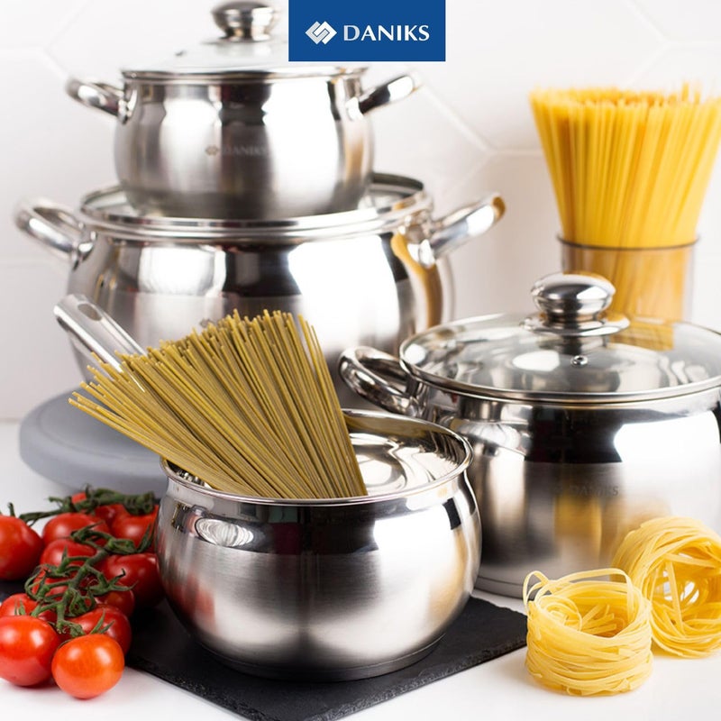 Daniks Classic 12-Piece Stainless Steel Cookware Set with Glass Lids, Includes Saucepan and Frying Pan with Lid, Tri-Ply Bases for Even Heating, Induction Compatible, Dishwasher Safe - Image 2