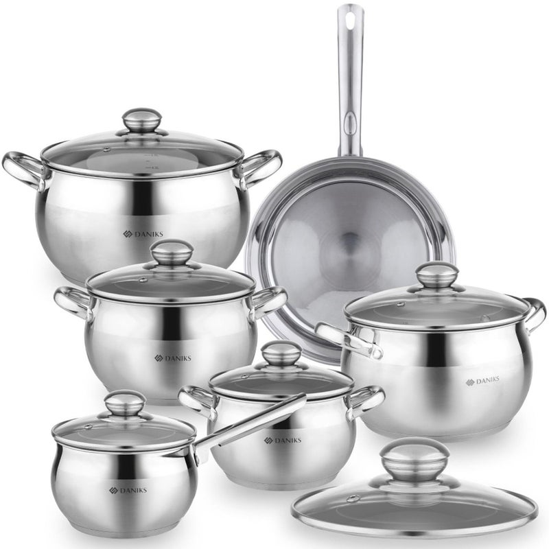 Daniks Classic 12-Piece Stainless Steel Cookware Set with Glass Lids, Includes Saucepan and Frying Pan with Lid, Tri-Ply Bases for Even Heating, Induction Compatible, Dishwasher Safe - Image 1