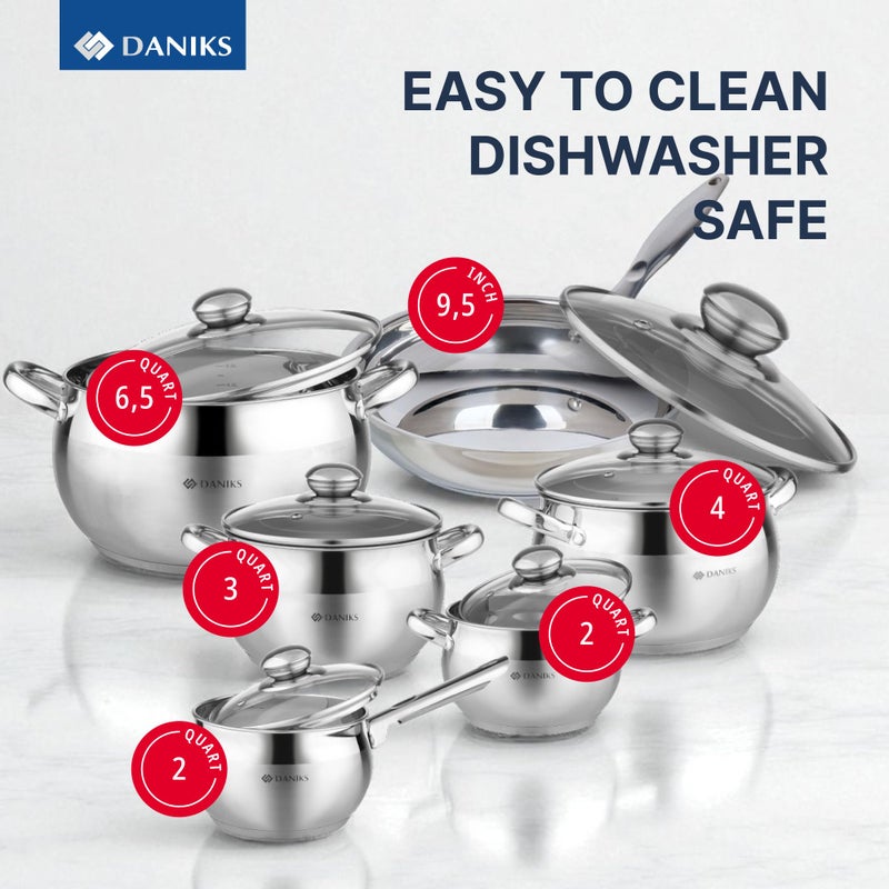 Daniks Classic 12-Piece Stainless Steel Cookware Set with Glass Lids, Includes Saucepan and Frying Pan with Lid, Tri-Ply Bases for Even Heating, Induction Compatible, Dishwasher Safe - Image 3