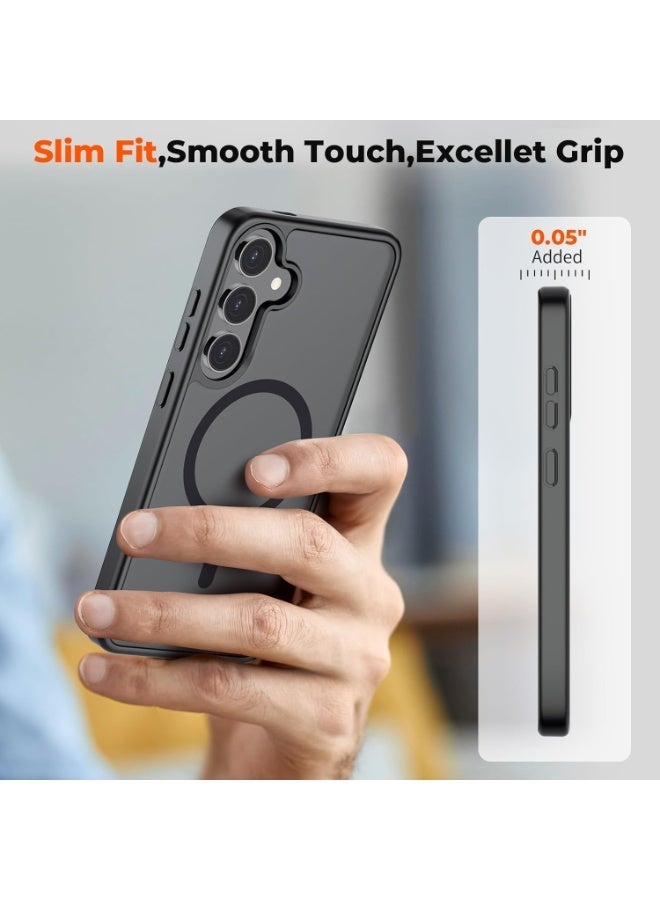 جراب سامسونج جالاكسي S25 مغناطيسي بلون أسود مطفي، غطاء هاتف S25 متوافق مع خاصية ماج سيف، شفاف بلمسة مطفية مقاوم للصدمات والخدوش، نحيف وخفيف الوزن بحماية عسكرية (أسود مطفي) - Image 2