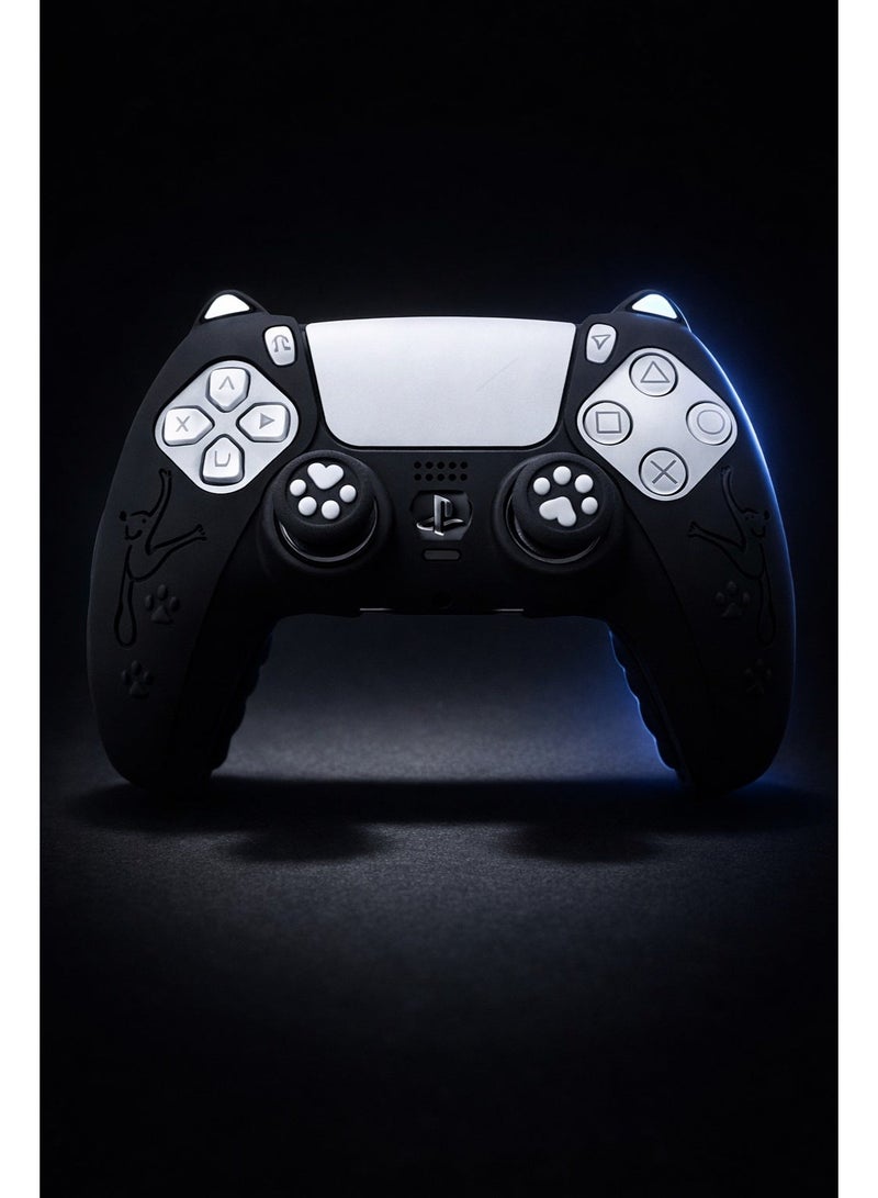 جراب PS5 أسود تصميم قطة مع أغطية أنالوج - Image 1