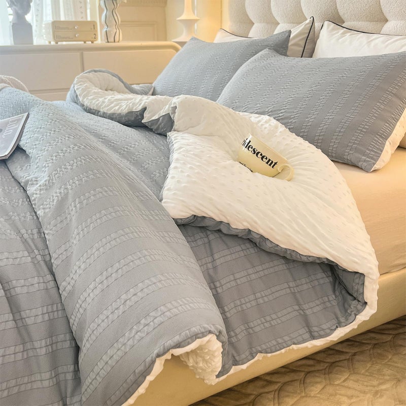 tohrisa Boho Comforter Set Full Size Striped Pleats Bohemian Seersucker Bedding Set All Season Soft Cozy 3 Pieces Quilt with 2 Pillowcases(80"X90" Grey) - Image 1