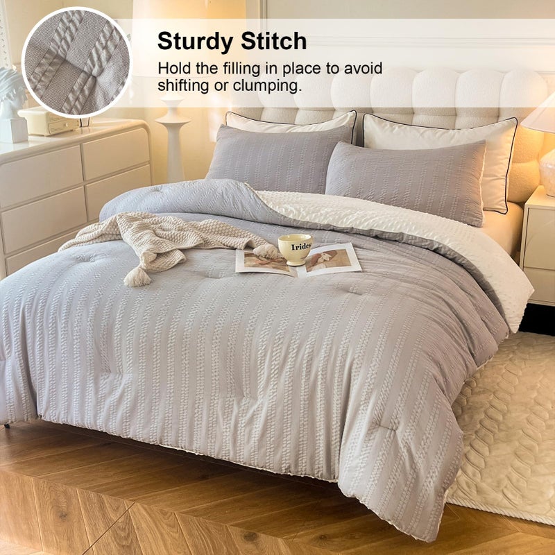 tohrisa Boho Comforter Set Full Size Striped Pleats Bohemian Seersucker Bedding Set All Season Soft Cozy 3 Pieces Quilt with 2 Pillowcases(80"X90" Grey) - Image 2