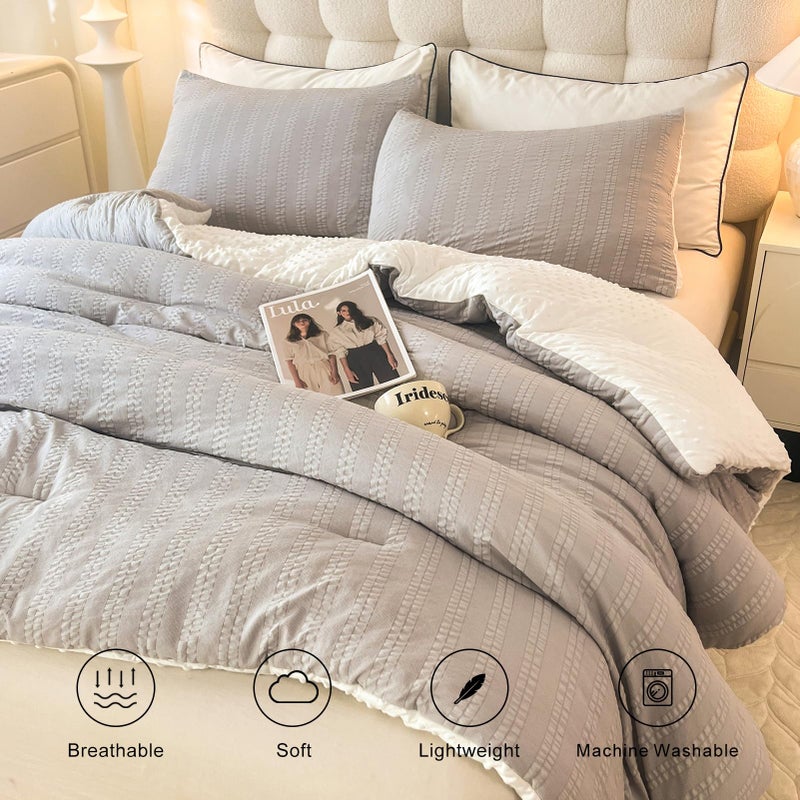 tohrisa Boho Comforter Set Full Size Striped Pleats Bohemian Seersucker Bedding Set All Season Soft Cozy 3 Pieces Quilt with 2 Pillowcases(80"X90" Grey) - Image 4