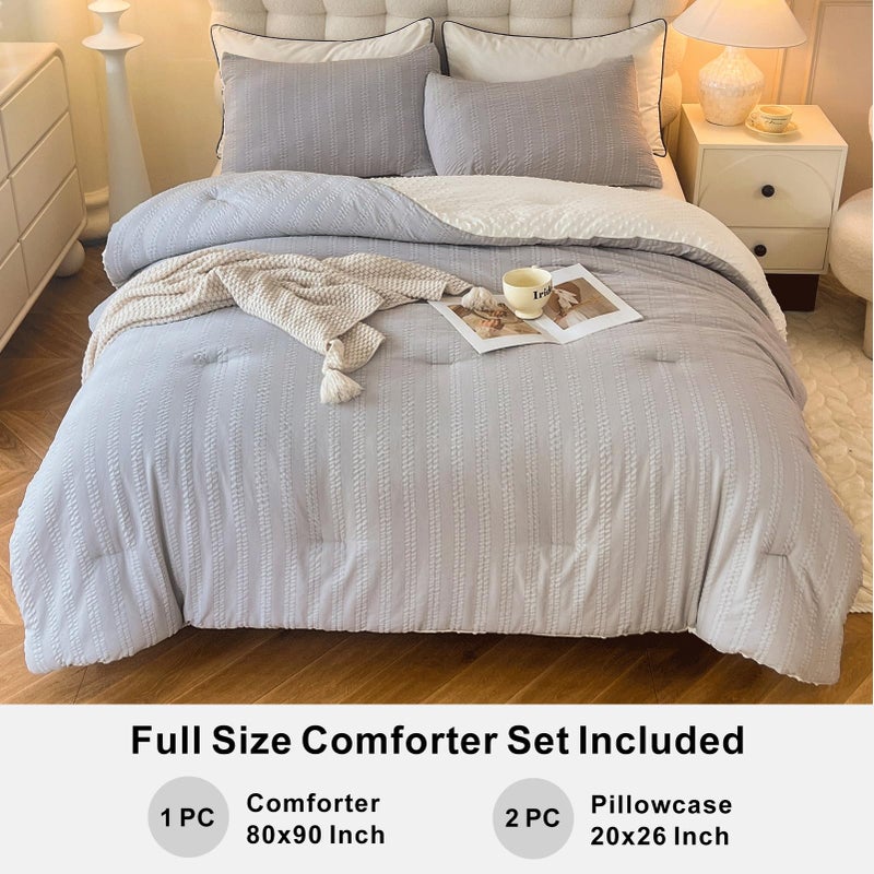 tohrisa Boho Comforter Set Full Size Striped Pleats Bohemian Seersucker Bedding Set All Season Soft Cozy 3 Pieces Quilt with 2 Pillowcases(80"X90" Grey) - Image 5