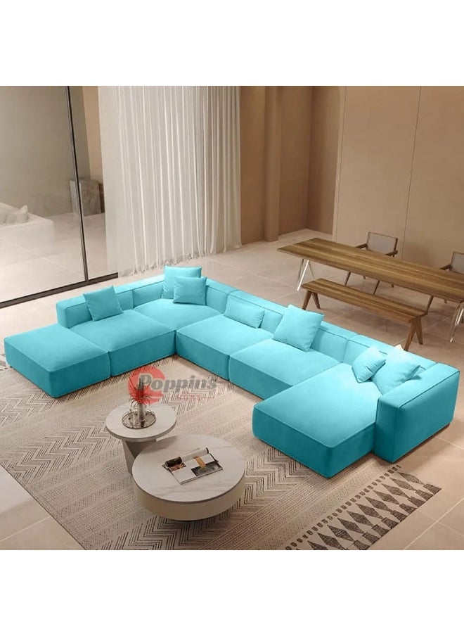 Poppins Home Luxurious Nordic U-Shape Majlis 7-Seater Sofa Set Premium Velvet Fabric Spacious Corner Sectional Design (Sky Blue, LEFT BED)  - Image 1
