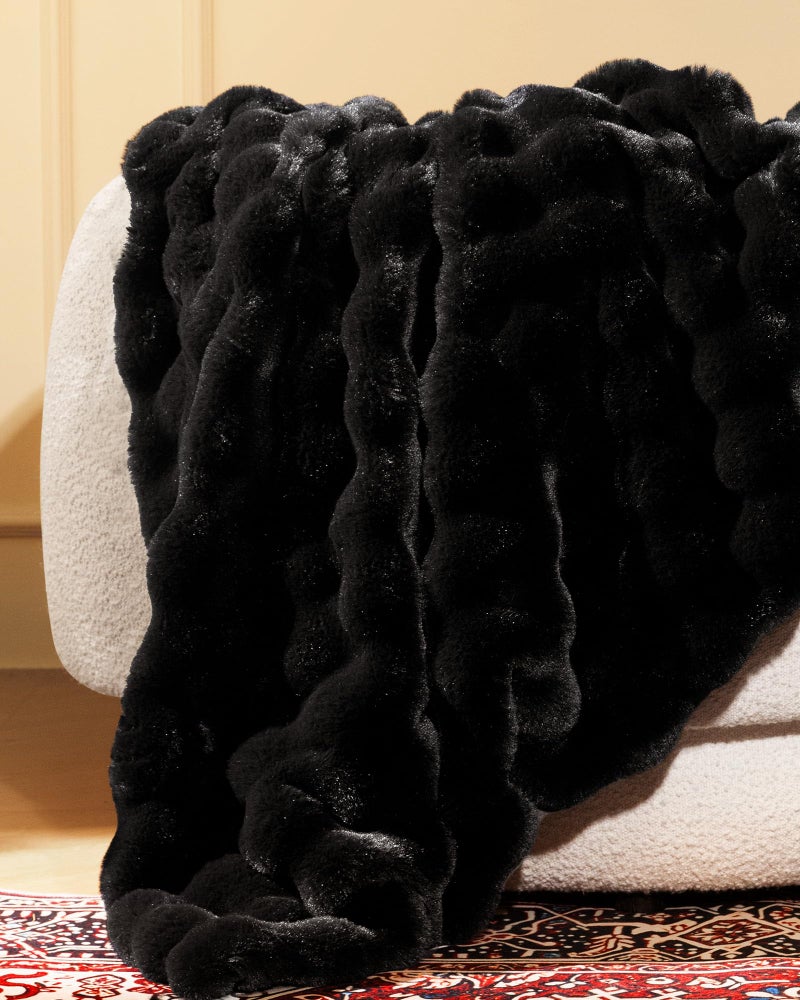 blunique Ultra Soft Cozy Faux Fur Throw Blanket, Fuzzy Plush Thick Bubble Blanket, Luxury Fluffy Blanket for Couch, Sofa, Bedroom, and Living Room, 50x60 Inches, Black - Image 2