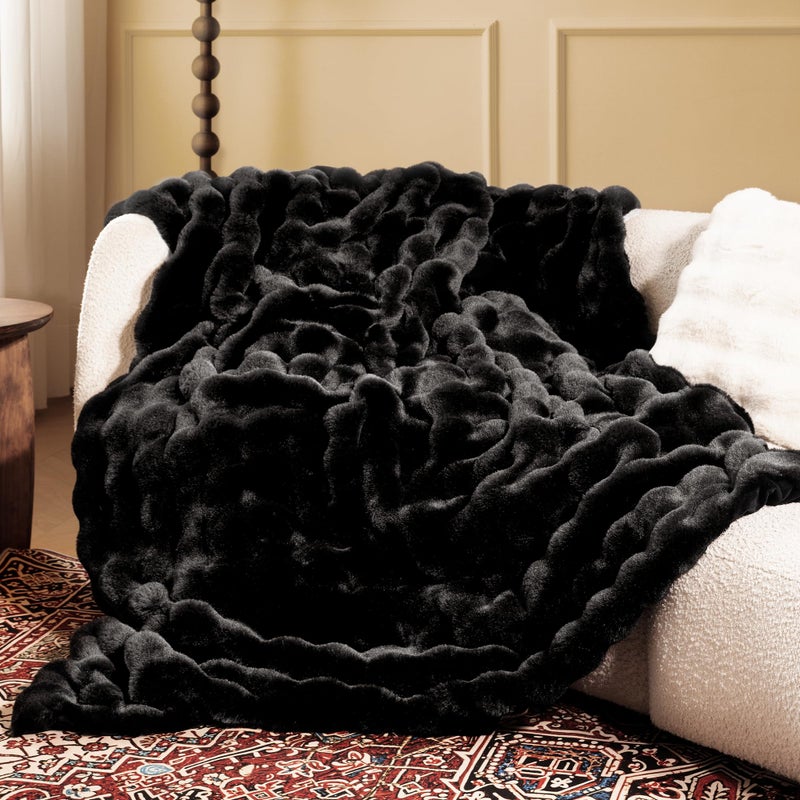 blunique Ultra Soft Cozy Faux Fur Throw Blanket, Fuzzy Plush Thick Bubble Blanket, Luxury Fluffy Blanket for Couch, Sofa, Bedroom, and Living Room, 50x60 Inches, Black - Image 1
