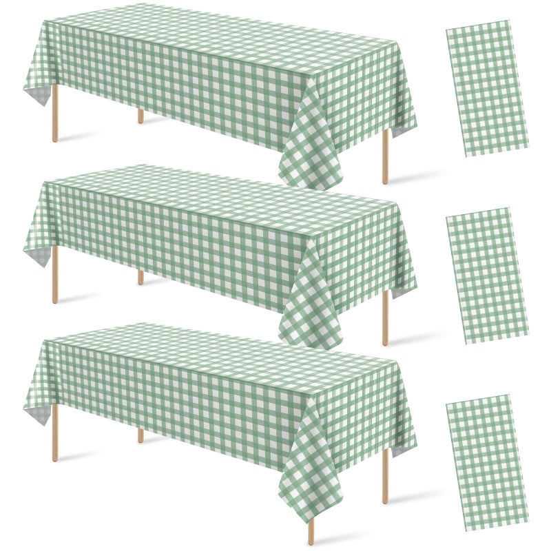 KEASKELL 3Pcs Sage Green Gingham Birthday Party Tablecloth Decorations,Green White Checkered Plastic Table Cover Disposable Rectangle Plaid Table Cloth for Baby Shower Kids Wedding Party Supplies,54x108 Inch - Image 1
