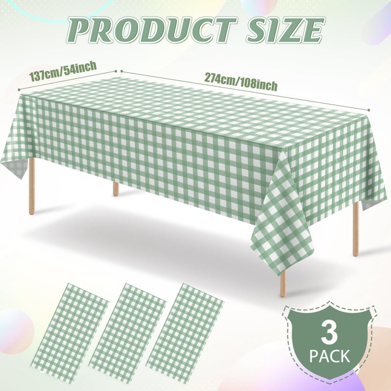 KEASKELL 3Pcs Sage Green Gingham Birthday Party Tablecloth Decorations,Green White Checkered Plastic Table Cover Disposable Rectangle Plaid Table Cloth for Baby Shower Kids Wedding Party Supplies,54x108 Inch - Image 2