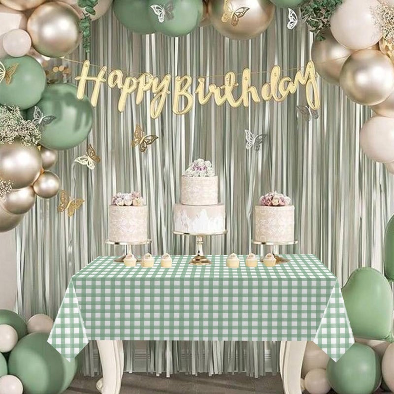 KEASKELL 3Pcs Sage Green Gingham Birthday Party Tablecloth Decorations,Green White Checkered Plastic Table Cover Disposable Rectangle Plaid Table Cloth for Baby Shower Kids Wedding Party Supplies,54x108 Inch - Image 4