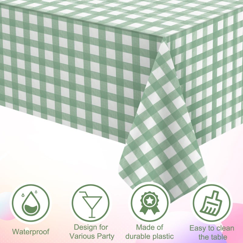 KEASKELL 3Pcs Sage Green Gingham Birthday Party Tablecloth Decorations,Green White Checkered Plastic Table Cover Disposable Rectangle Plaid Table Cloth for Baby Shower Kids Wedding Party Supplies,54x108 Inch - Image 3