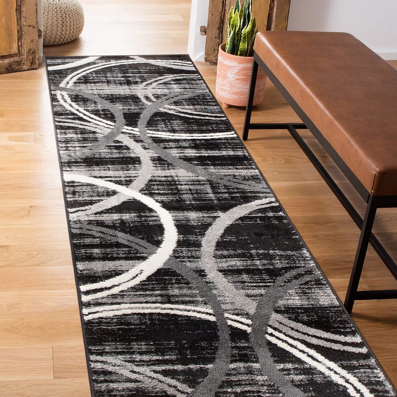 Rugshop Modern Wavy Circles Design Runner Rug, Non-Shedding Carpet for Hallway, Entryway, or Kitchen, Black, 2' x 7'2" - Image 1