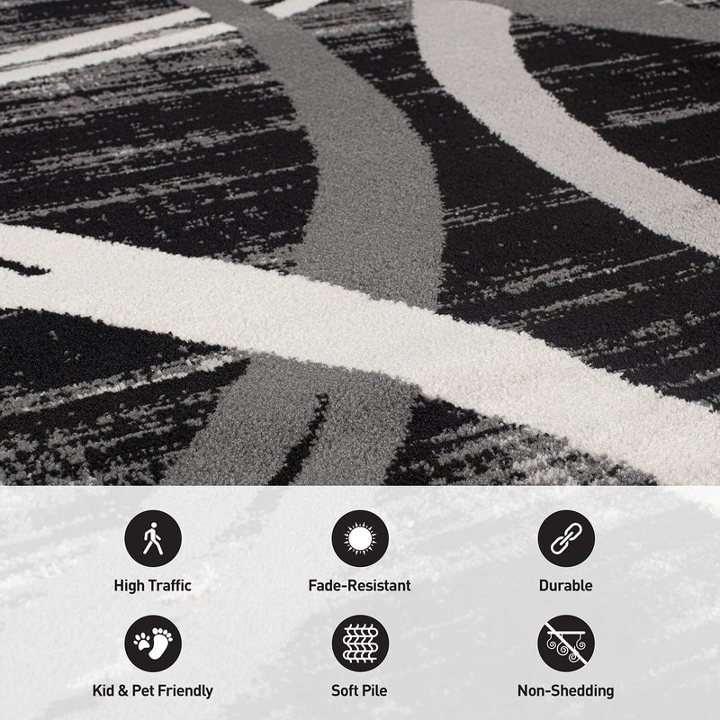 Rugshop Modern Wavy Circles Design Runner Rug, Non-Shedding Carpet for Hallway, Entryway, or Kitchen, Black, 2' x 7'2" - Image 5