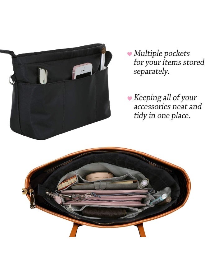 Purse Organizer Insert With Zipped Top For Tote Bag Handbag Shaper With 13 Pockets Black M Black M - Image 3