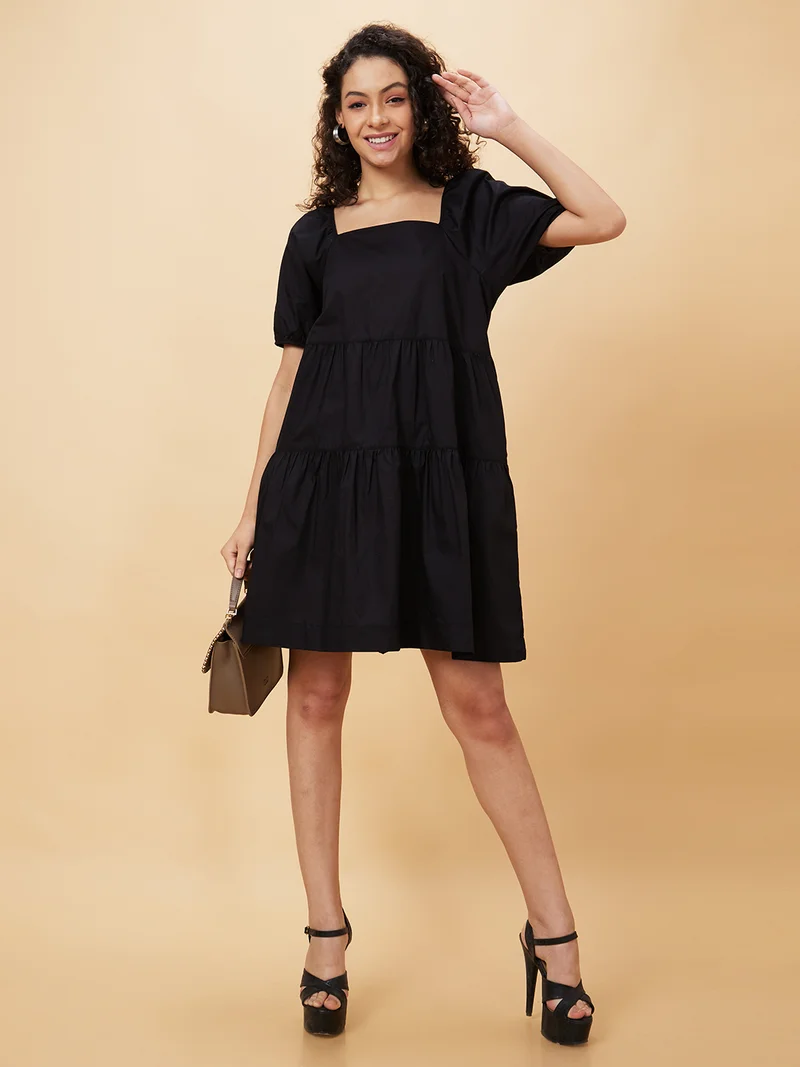 globus Globus Women Puff Sleeves Gathered Or Pleated Tiered Pure Cotton A-Line Dress