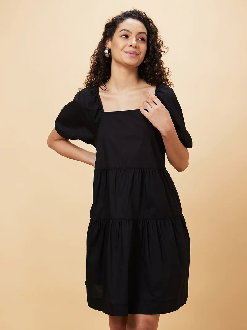 globus Globus Women Puff Sleeves Gathered Or Pleated Tiered Pure Cotton A-Line Dress