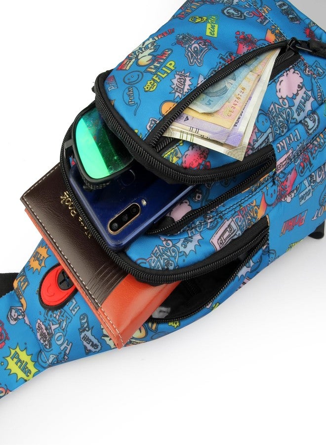 World Star Polyester Waist Pack Travel Handy Hiking Zip Pouch Document Money Phone Belt Sport Bag for Men and Women and Adult | Multicolor | worldstar Printted T- Blue Chester Bag - Image 2