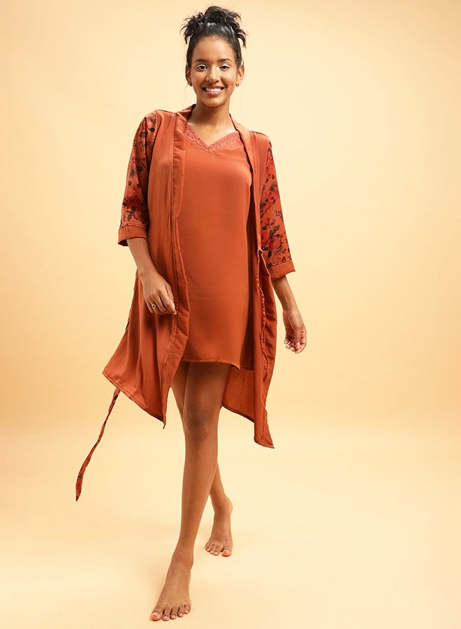 Clovia Chic Basic Robe in Rust Brown - Satin - Image 1
