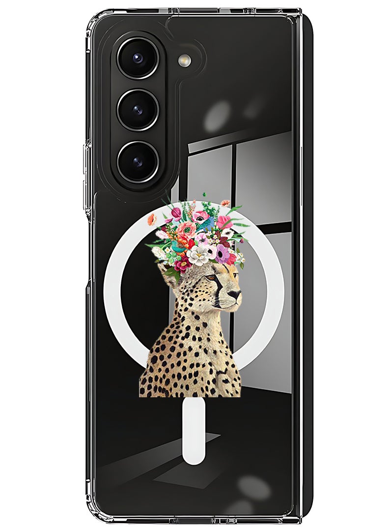 Theodor Magnetic Case for Samsung Galaxy Z Fold 5 Compatible with MagSafe Wireless Charging, Shockproof Phone Bumper Cover Cheetah Flower - Image 1