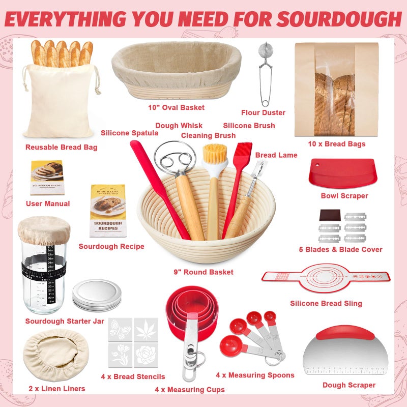 EWFEN Sourdough Starter Kit with Round & Oval Banneton, Complete Sourdough Bread Baking Supplies, Bread Proofing Basket with Starter Jar, Bread Making Tools Kit for Beginners & Bakers - Image 2