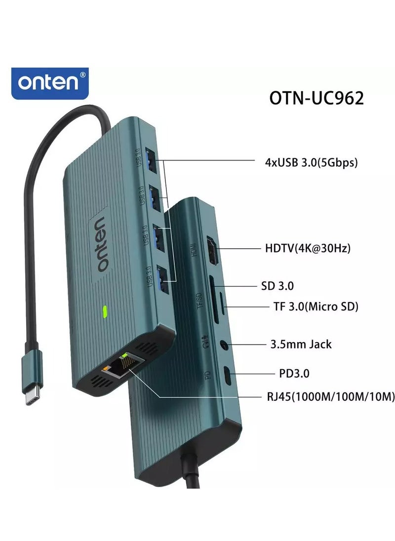 onten UC962 USB C Docking Station HDMI 4K@30Hz, Ethernet RJ45 (1000/100/10), USB 3.0 X4, 3.5mm Audio Jack, SD 3.0/TF3.0, USB-C PD 3.0 Compatible with all laptops with Thunderbolt3/4/USB-C/Type C (DP Alt Mode)  - Image 2