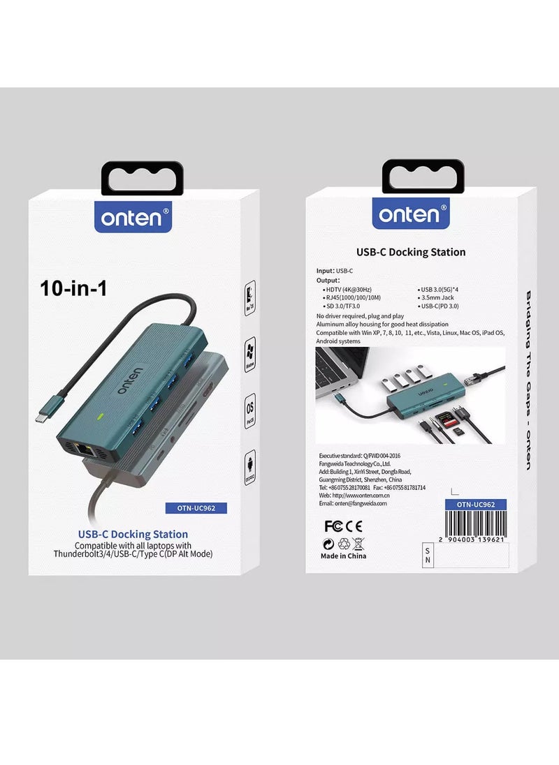 onten UC962 USB C Docking Station HDMI 4K@30Hz, Ethernet RJ45 (1000/100/10), USB 3.0 X4, 3.5mm Audio Jack, SD 3.0/TF3.0, USB-C PD 3.0 Compatible with all laptops with Thunderbolt3/4/USB-C/Type C (DP Alt Mode)  - Image 5