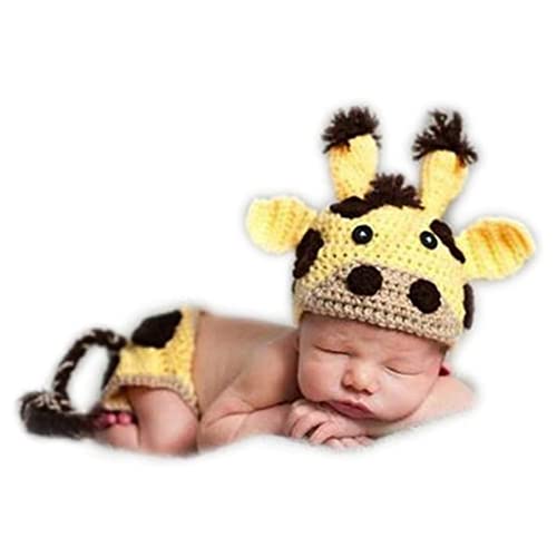 Vedory Newborn Baby Photography Shoot Props Boy Outfits Crochet Knit Cattle Cow Hat Shorts Photo Props (yellow) - Image 1